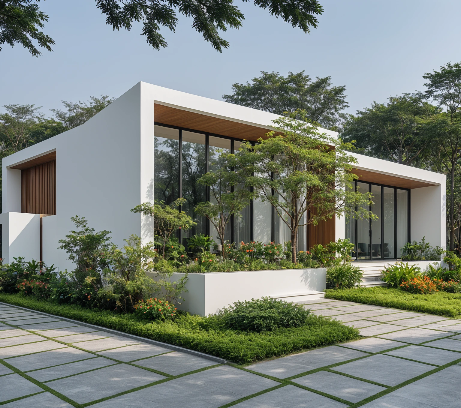 ,a modern one-story house with a minimalist design, (very small house: 1.2) ,((with a facade less than 4 meters wide:1.2)), white and glass materials, wood, large floor-to-ceiling glass windows, tropical plants and trees. (house as the showroom mini furniture:1.2), front view, elevation viewRAW photo, a photo of a modern house, (curvilinear archrchitecture:1.4), Wabisabi style rounded wall, white wall, steel black gate, sidewalk, sidewalk trees, ((grey gate:1.2)), road, viet nam modern residence, ((architectural shot)), rough white wall, new residential area, wide angle exterior 2022, contemporary house, exterior photography, masterpiece, contemporary architecture, overcast, indirect lighting