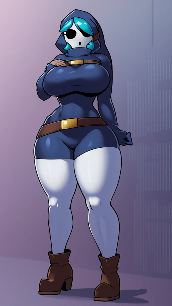 (shygal), (sexy), (((Very large tight breasts))), curvy, slim, ((curvy very long hair)), full body, color theory, (((Concept art pose))), (stockings), (buckle boots), (belts), ((hood)), mask, arms, legs, body, ((solo)), (((Single color background))), masterpiece, Ultra hd, large thighs, hand sleeves, perky, Bad bitch, (shiny), (((Complex shading))), ((((Touching self))))