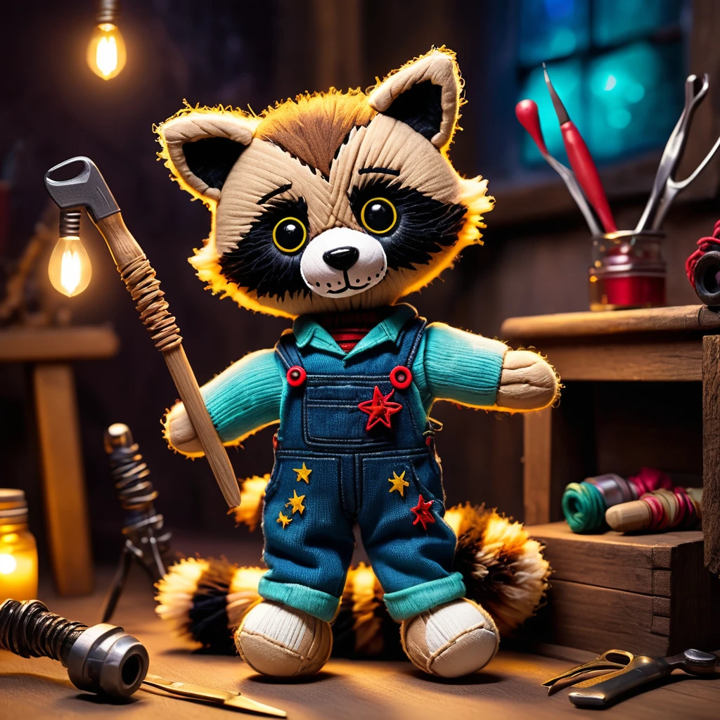 (knitted toy voodoo doll:1.7), (Voodoo Raccoon Doing DIY:1.3), (Clothing: overalls with tool patterns:1.0), (Accessories: enchanted hammer, glowing paintbrush:1.2), (background: cozy workshop with floating, glowing tools and magical light:1.2), best quality, masterpiece, detailed soft oil painting, detailed background, dramatic cinematic lighting, soft edge lighting, professional, dramatic lighting, hard edge lighting, ultra quality, 4k, masterpiece, best quality, 8k, ultra high definition, high resolution, extremely detailed