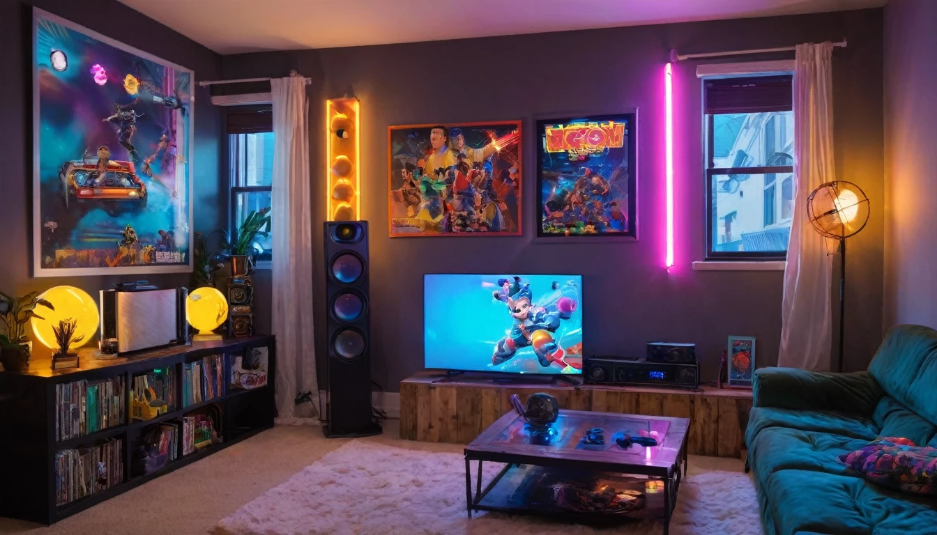 small apartment living room with big screen tv , neon lights, games, action figures