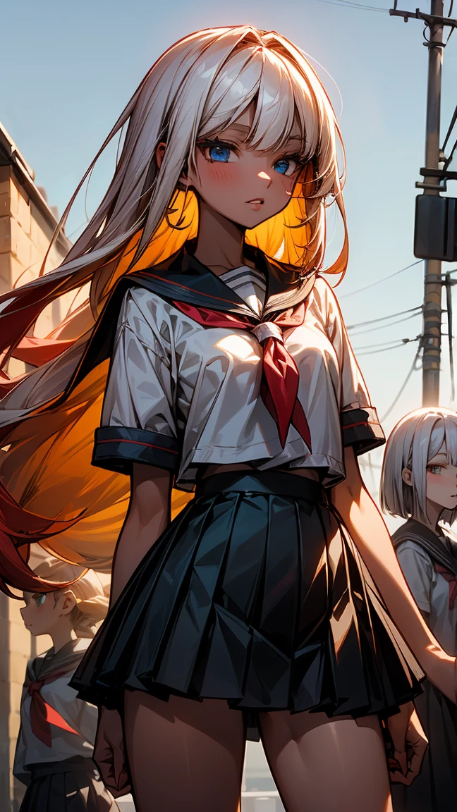 "Three 17 year old girls. The first has long yellow hair and green eyes., with tanned body. The second has white Bob hair and blue eyes, with light skin. The third has long red hair and red eyes., with dark body. The three are standing, wearing school uniforms. The background is a high school."