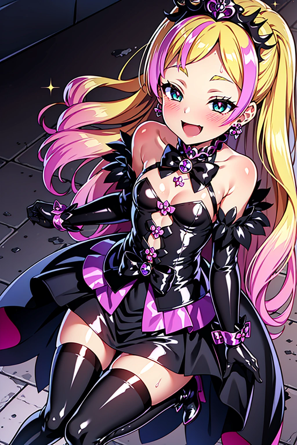 cure flora, 1 girl, blonde hair, black hair ornament, (gothic lolita:1.3), black long skirt, black tiara, wrist cuffs, black gloves, (black gothic dress:1.3), low bat wings, black fur, blush cheeks, black enamel boots, corruption, half-closed eyes, Jewelry, no pupils, (evil smile), (shiny fabric:1.5), open mouth, dark magical girl