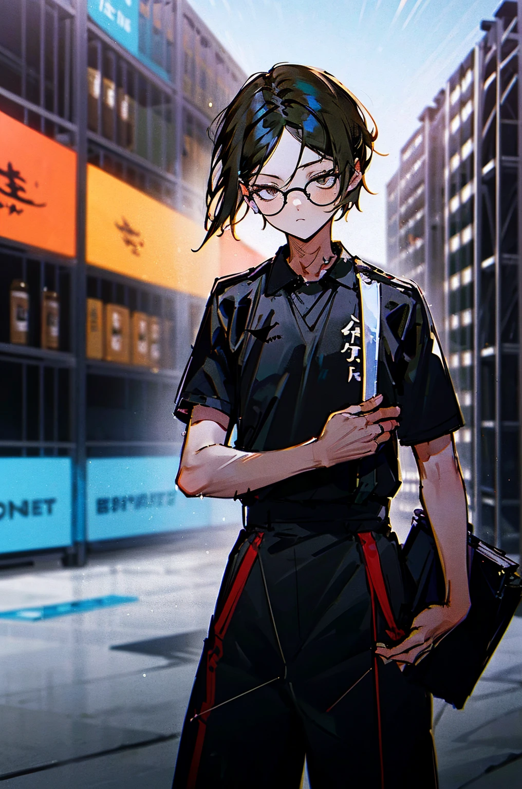 
(hutaodef:1.2),black h在 with h在 ,white 背，
Kenma Kozume，Lazy，Dark circles，Comfort，Shopping black short sleeve，Pure white shirt，Black wide-leg pants，one person，Standing，Glasses