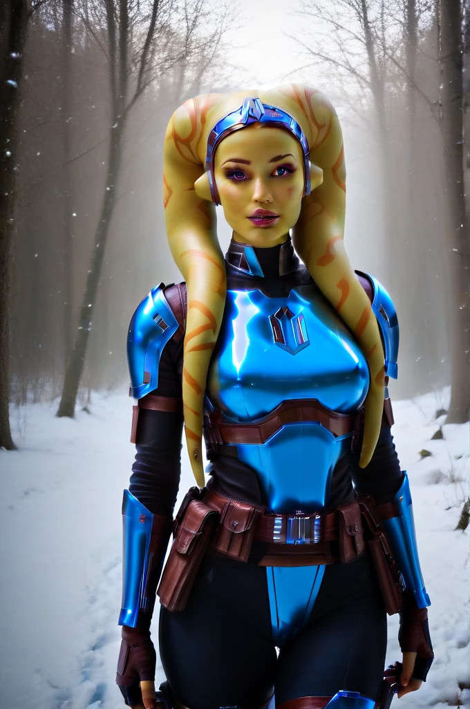 a ((fall body)) ((female twi'lek ))mandalorian,walking on snow, beautiful detailed eyes, beautiful detailed lips, extremely detailed face, long eyelashes, mandalorian armor, sci-fi, cinematic lighting, dramatic, epic, intricate details, hyper-realistic, 8k, high-quality, photorealistic