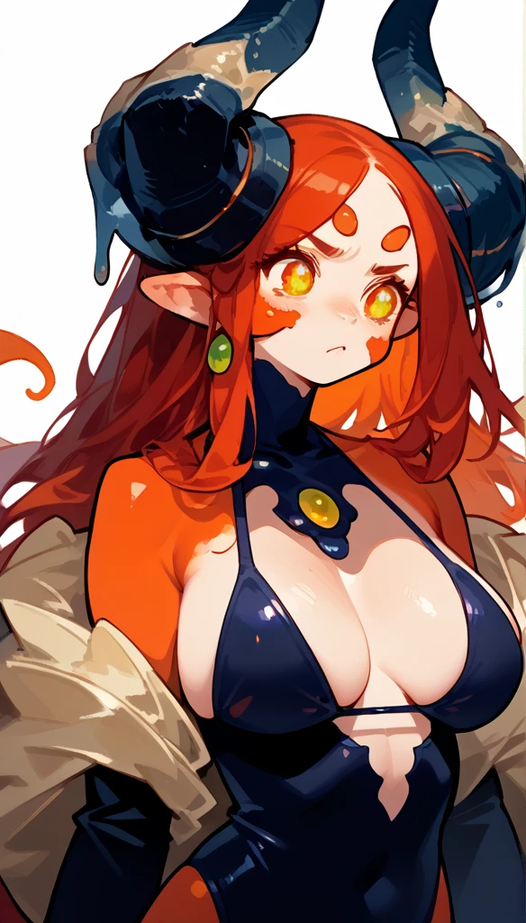 score_9, score_8_up, score_7_up, (clear simple background, white background, papyrus background), ((adult)) (Goo girl, Sime:1.2), mature , lagre_breasts , monstergirl, anthro, solo, (female), (green_skin, fullbody, curvey bode, cute face, focus), beautiful, demon horns, large horns, curving horns, tight micro bikini, flowing tentacle hair, intimidating, arms out