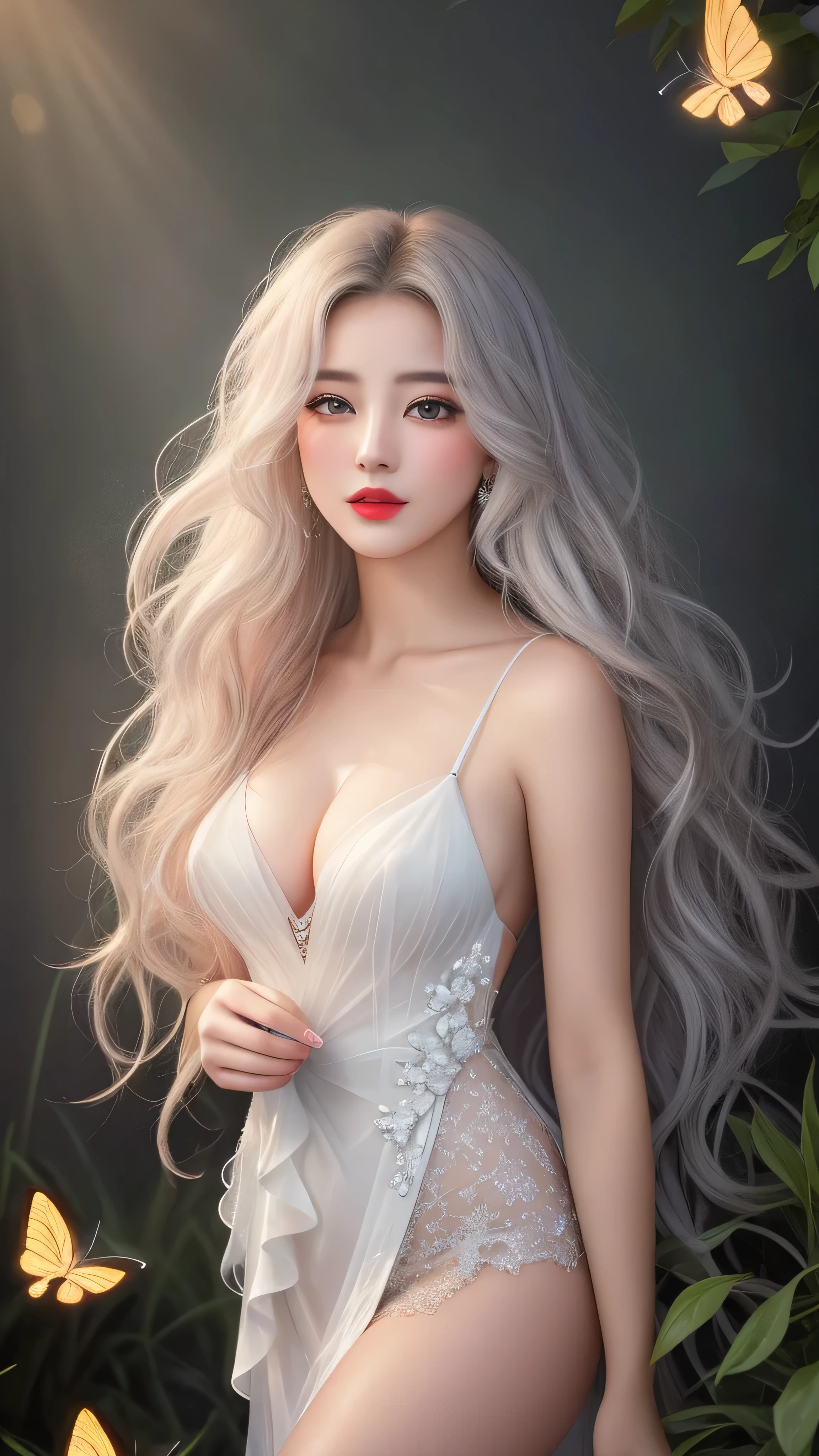 High quality work，Realistic works，Extremely premium graphics，8K HD CG ทำงาน，High quality graphics，High-resolution and exquisite CG work，10x pixels，Very detailed details：1.1，Advanced technical details：1.1Realistic photo effects，light effectภายใน：1.5，Soft, natural light：1.5. light effect（light effectเสมือนจริง：1.8），Ultra high resolution，shining dress，long shiny hair，silver hair，Transparent Hair，Highly detailed hair（Quality hair details：1.1）clear eyes，Double eyelids look good.，Sharp eye makeup, Create beautiful eyelashes., Thin eyebrows, Highly detailed eyes，high nose, cute red lips, rosy cheeks, With delicate makeup on her face , beautiful face, The face shape is perfectly proportioned.,（Advanced facial details：1.1） nsfw masterpiece photography that captures the essence of a dream experienced by a stunning Caucasian woman., A perfectly detailed face., realistic pores, sharp eyes, (Slippery nipples), revealing dress, She was shrouded in smoke that transformed into surreal butterflies around her., in a dream, She finds herself in a magical landscape filled with bright colors and surreal elements., The atmosphere is dreamy and ethereal., with soft lighting illuminating the scene, Young women are seen as confident and glowing., Surrounded by symbols of her inspiration and inner strength., The overall mood of the image should create a sense of wonder., empowerment, and limitless possibilities, Complex lighting, Rim lights, (wind:1.3), ，women&#39;s artwork，Dress full body video，realism，Amazing cleavage，Today my eyes are very bright.,