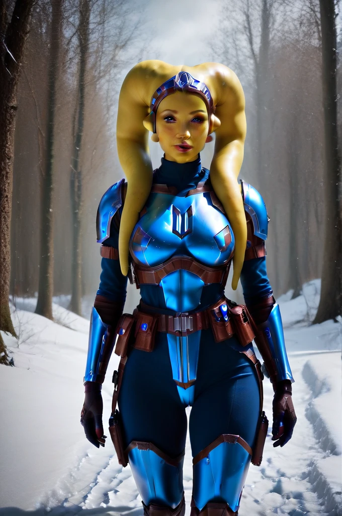 a ((fall body)) ((female twi'lek ))mandalorian,walking on snow, beautiful detailed eyes, beautiful detailed lips, extremely detailed face, long eyelashes, mandalorian armor, sci-fi, cinematic lighting, dramatic, epic, intricate details, hyper-realistic, 8k, high-quality, photorealistic