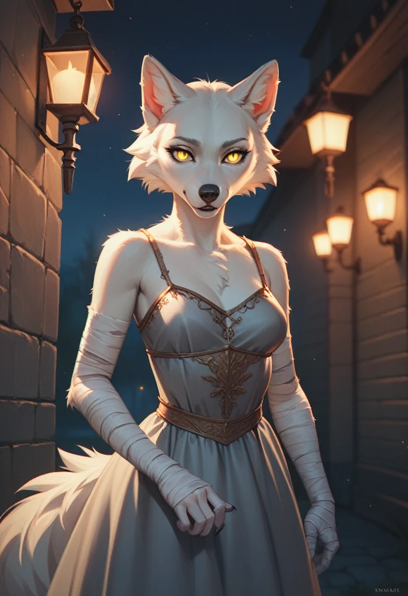 Anthro, beautiful, solo-girl, (feminine:1.2), wolf-woman, white fur, short hair, white wolf ears, long snout, bandaged arms, glowing yellow wolf eyes, plain medieval grey dress, breast fur, medium breasts, night, darkness