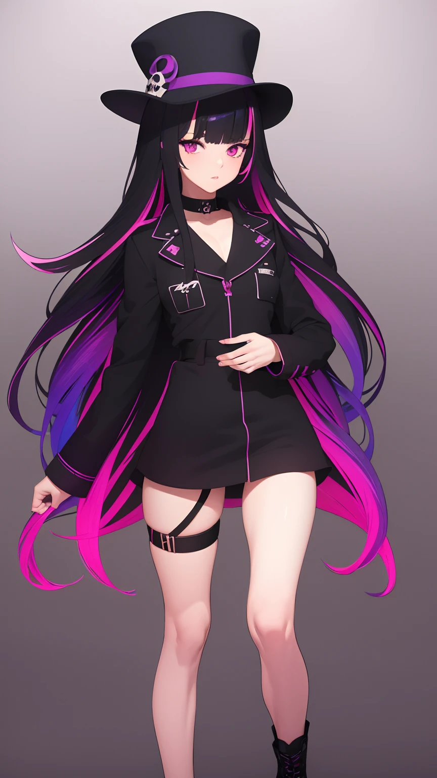 work of art, best qualityer,super fine illustration, Perfect Anatomia, anatomical correct, perfect proportion, face perfect, perfect hands, perfect legs, perfect toes, perfect hands, professional lighting, best qualityer, ultra detaild, extremely delicate and beautiful, 4K, 8k, clearly drawn face, gorgeous eyes, beautifully detailed eyes, highly-detailed eyes, (1 girl,standing alone,((black hair 1.2)(Purple Hair 1.2)fine thighs,long hair e liso, blunt bangs, (multicolored hair:1.5),(two tone hair:1.2), (gradient hair:1.3), multi colored eyes, standing, long hair, looking ahead at viewer, blush, , choker, thigh strap, (eyeliner:1.2), ombre, へそ, tummy, pink eyes, combat boots, skull hair clip, plain black hat, Black jacke, Purple pants, cinta, simply white background, fit the screen