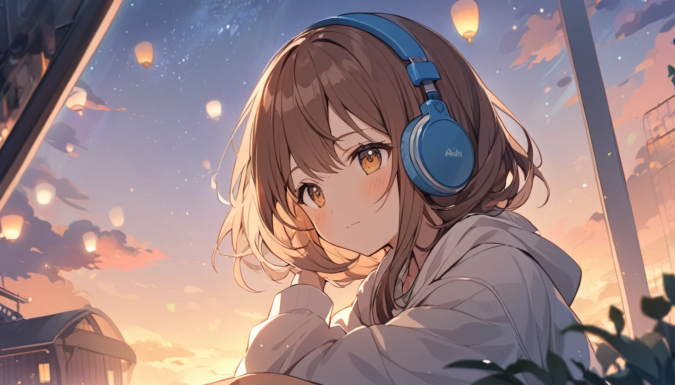 Girl wearing headphones,Brown Hair,1 person,bright,Detailed Background,Enjoy the tranquility of Shinonome,Before dawn,Asahi