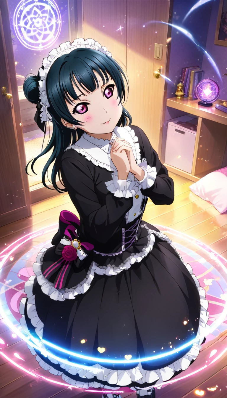 From Yoshiko Tsushima *Love Live! Sunshine!!* is performing a ritual in her room. She is dressed in Gothic ****ta attire, surrounded by a magic circle. Her eyes are closed, mouth slightly open, and both hands raised. The room is dimly lit, with a small fan spinning quietly.Highest quality, whole body