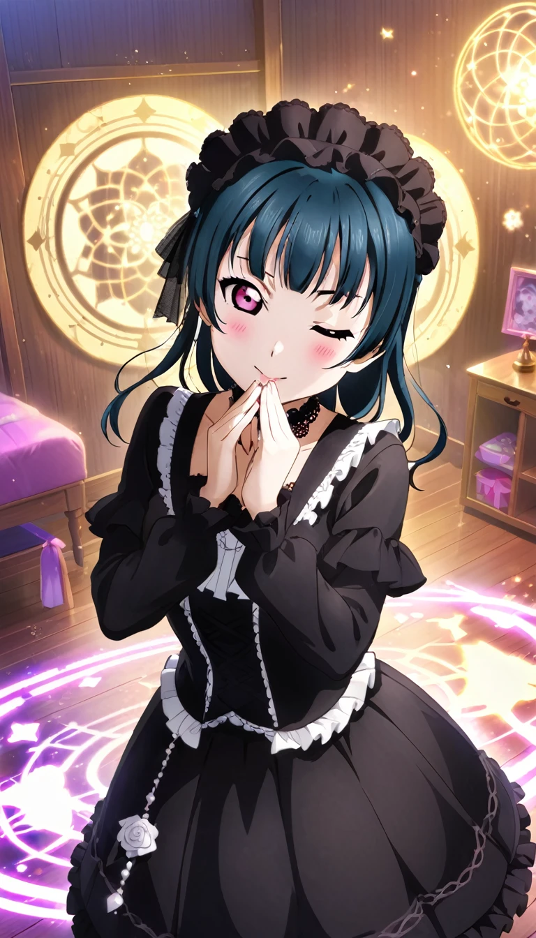 From Yoshiko Tsushima *Love Live! Sunshine!!* is performing a ritual in her room. She is dressed in Gothic Lolita attire, surrounded by a magic circle. Her eyes are closed, mouth slightly open, and both hands raised. The room is dimly lit, with a small fan spinning quietly.Highest quality, whole body