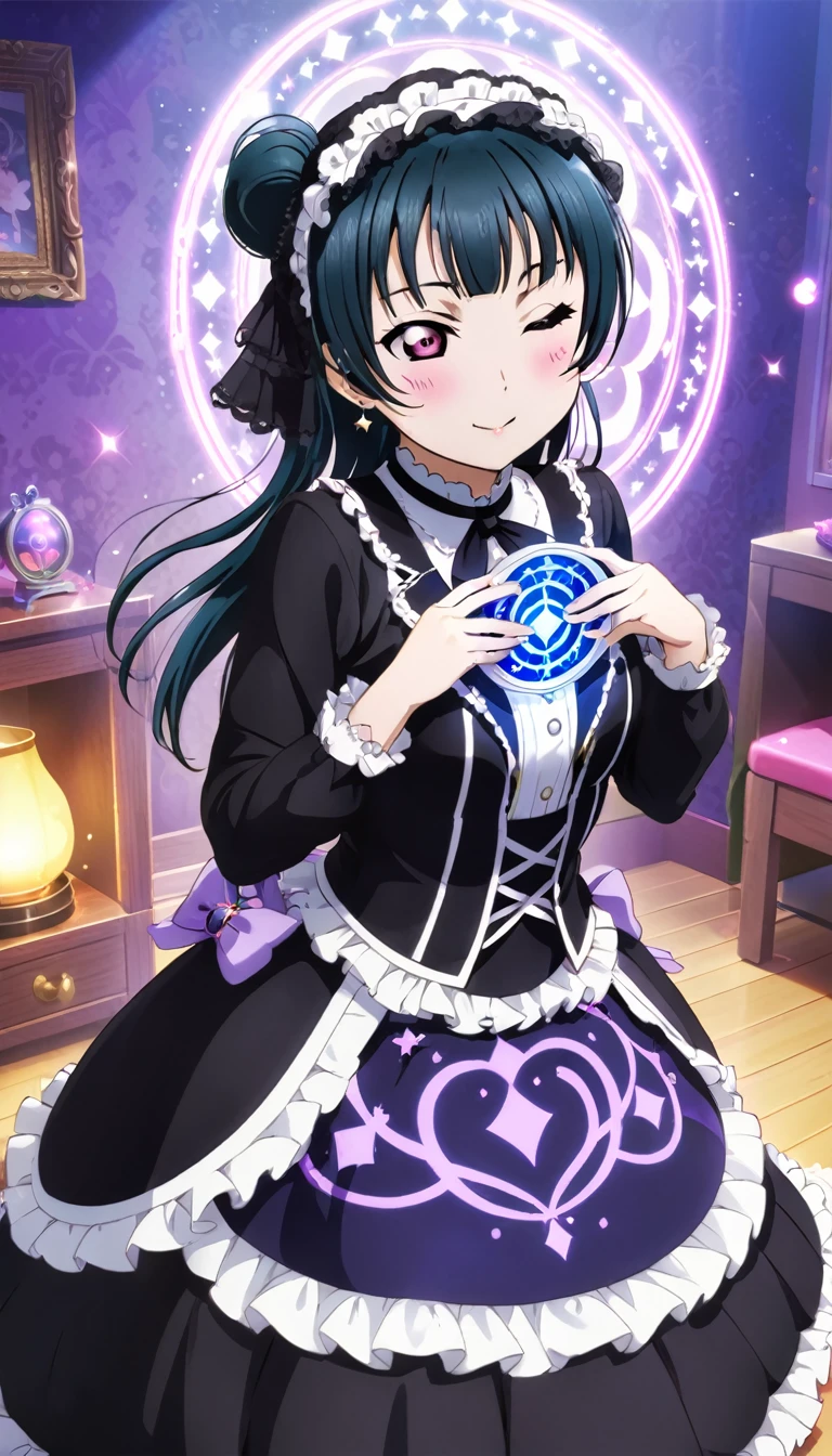 From Yoshiko Tsushima *Love Live! Sunshine!!* is performing a ritual in her room. She is dressed in Gothic ****ta attire, surrounded by a magic circle. Her eyes are closed, mouth slightly open, and both hands raised. The room is dimly lit, with a small fan spinning quietly.Highest quality, whole body