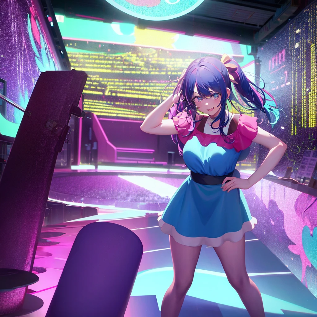 In the style of "Oshi no Ko," create an anime-style image of a clumsy and naturally awkward girl. She should have bright-colored hair, styled in a fluffy and cute manner, and her smile should be charming. Dress her in casual, adorable clothing, like a pink or light blue dress or one-piece outfit. Depict her in a scene where she's bumping into something or tripping, showing a slightly troubled but cheerful expression. The background should be bright and fun, emphasizing her clumsiness in a lively setting. For example, include scattered items or animals around her, reflecting her involvement in a playful mishap.