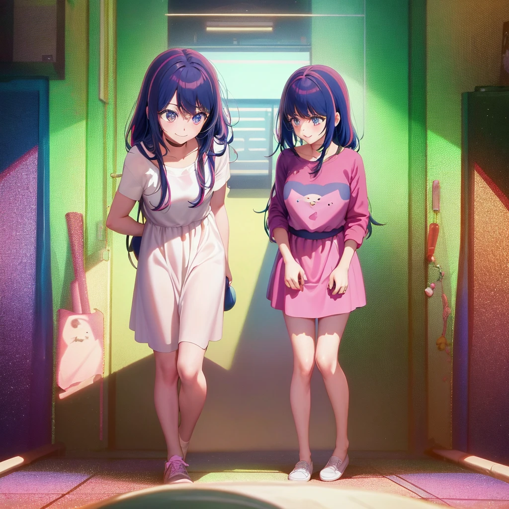 In the style of "Oshi no Ko," create an anime-style image of a clumsy and naturally awkward girl. She should have bright-colored hair, styled in a fluffy and cute manner, and her smile should be charming. Dress her in casual, adorable clothing, like a pink or light blue dress or one-piece outfit. Depict her in a scene where she's bumping into something or tripping, showing a slightly troubled but cheerful expression. The background should be bright and fun, emphasizing her clumsiness in a lively setting. For example, include scattered items or animals around her, reflecting her involvement in a playful mishap.