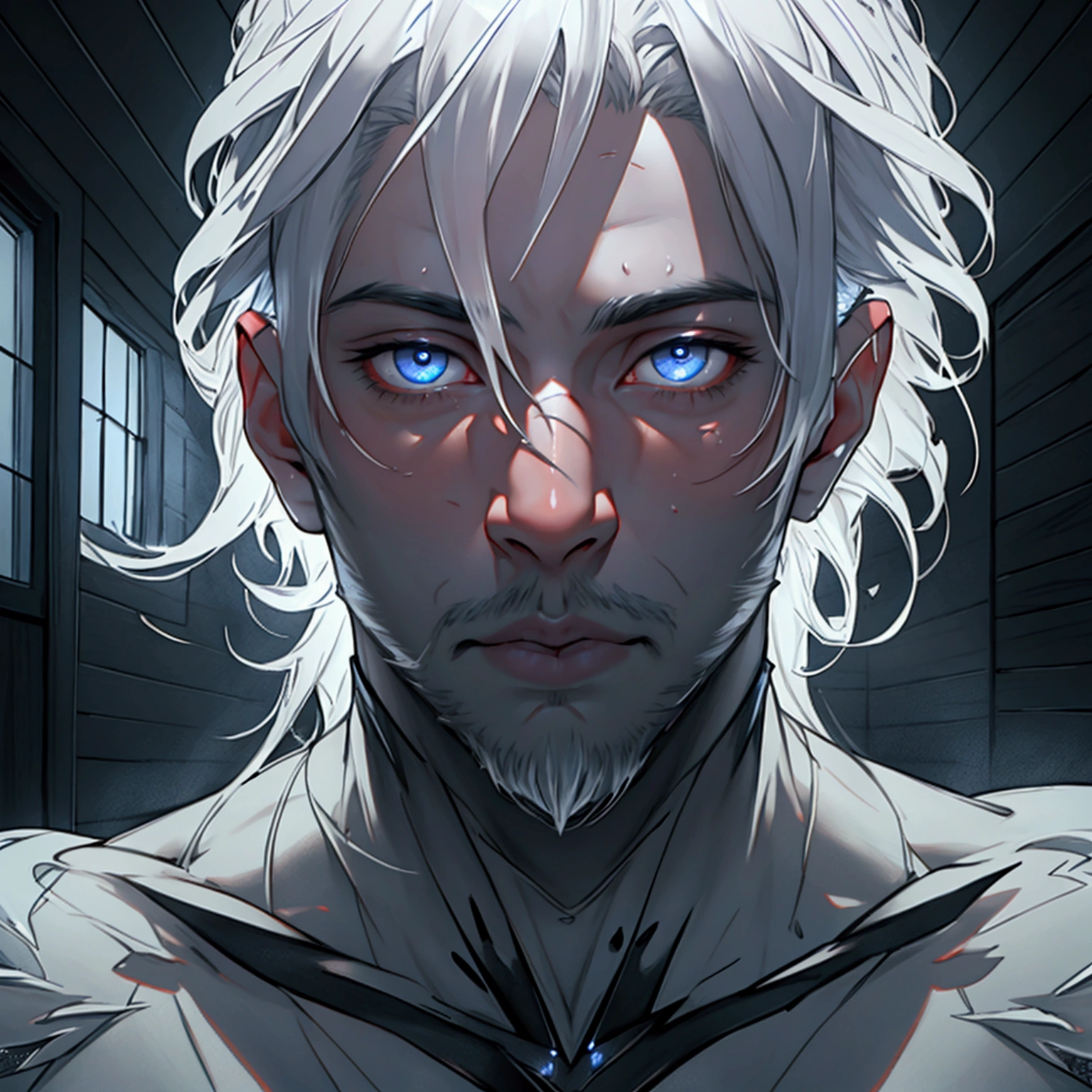 a sexy male ghost, nearly naked, transparent skin, cute face, light beard, inside a house, detailed face, beautiful eyes, detailed lips, extremely detailed, longeyelashes, dramatic lighting,, moody atmosphere, hyper realistic, 8k, highres, masterpiece, photorealistic, showing full body