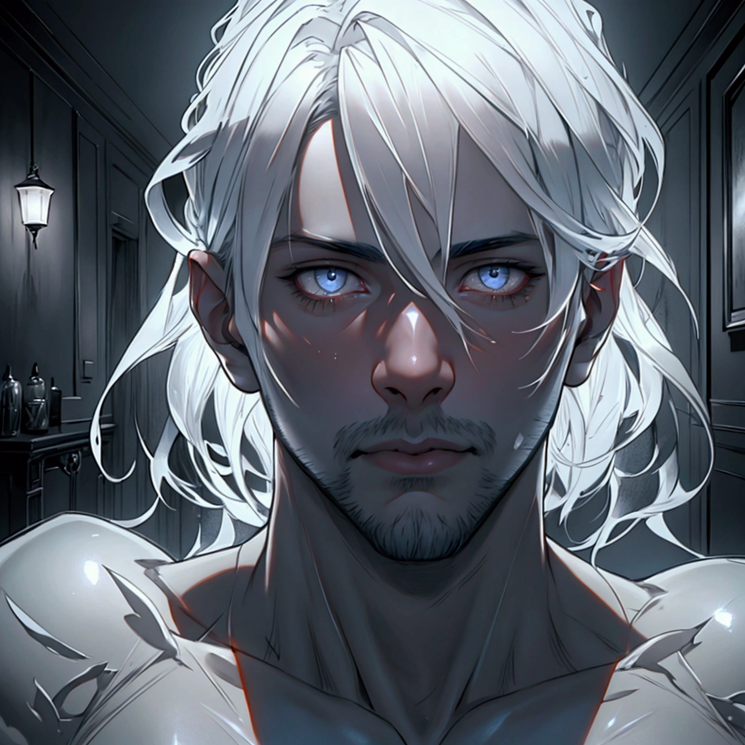 a sexy male ghost, nearly naked, transparent skin, cute face, light beard, inside a house, detailed face, beautiful eyes, detailed lips, extremely detailed, longeyelashes, dramatic lighting,, moody atmosphere, hyper realistic, 8k, highres, masterpiece, photorealistic, showing full body