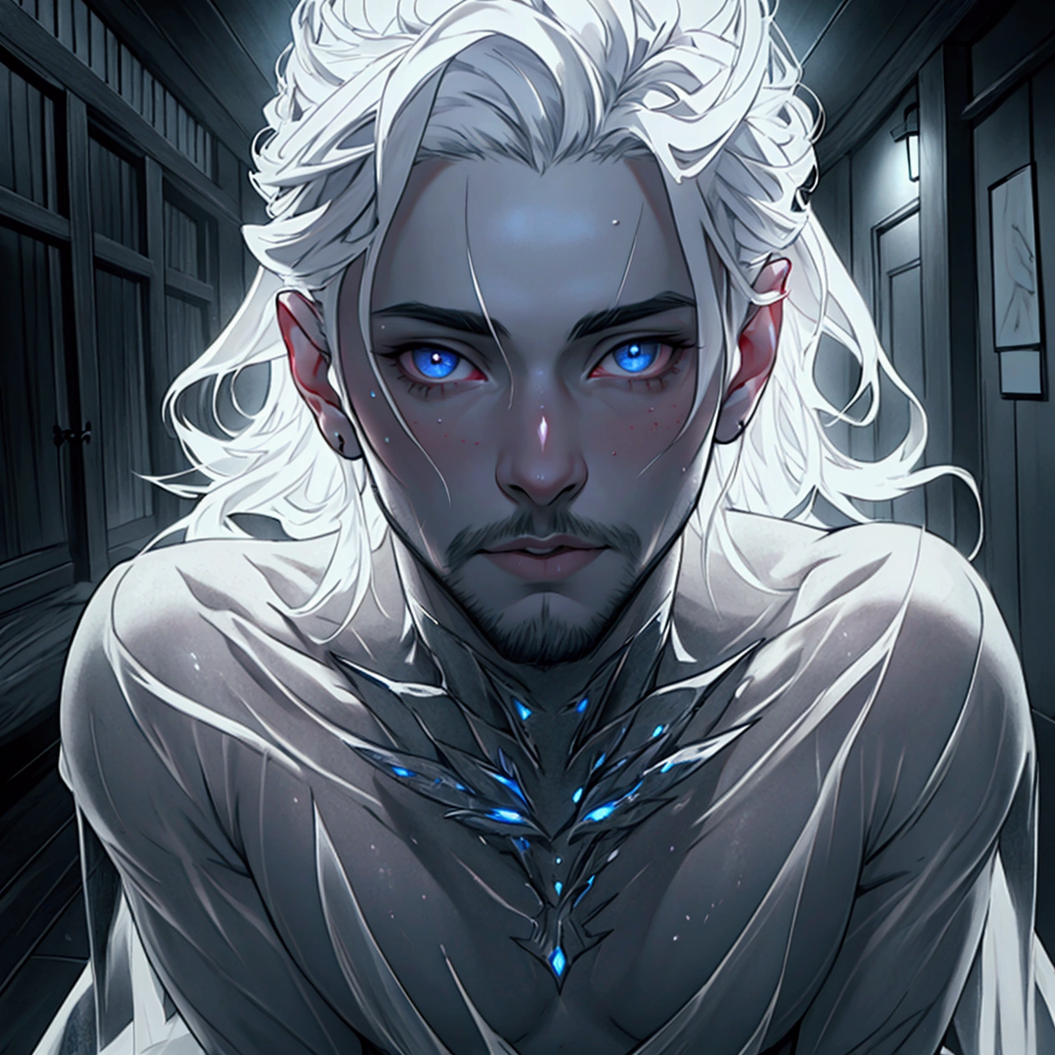 a sexy male ghost, nearly naked, transparent skin, cute face, light beard, inside a house, detailed face, beautiful eyes, detailed lips, extremely detailed, longeyelashes, dramatic lighting,, moody atmosphere, hyper realistic, 8k, highres, masterpiece, photorealistic, showing full body