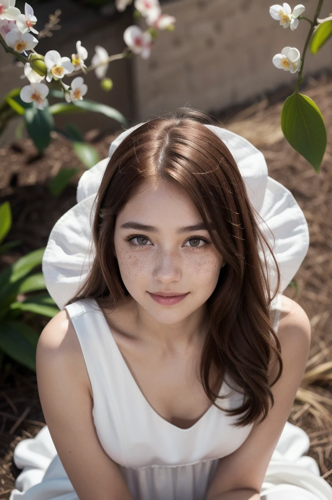 absurdres, 1girl, (masterpiece, Extremely detailed CG unity 8k wallpaper, best quality, highres:1.2), (ultra_detailed, UHD:1.2), perfect illumination, ((pov, from above, looking at viewer)), sidelighting, (detailed face, freckles, bangs, detailed eyes), ((small breasts)), blush, full body, (brown eyes:1.4), (petite:1.3), (auburn hair:1.4), (very long hair:1.4), (( white long dress)), gentle smile, orchid flower field