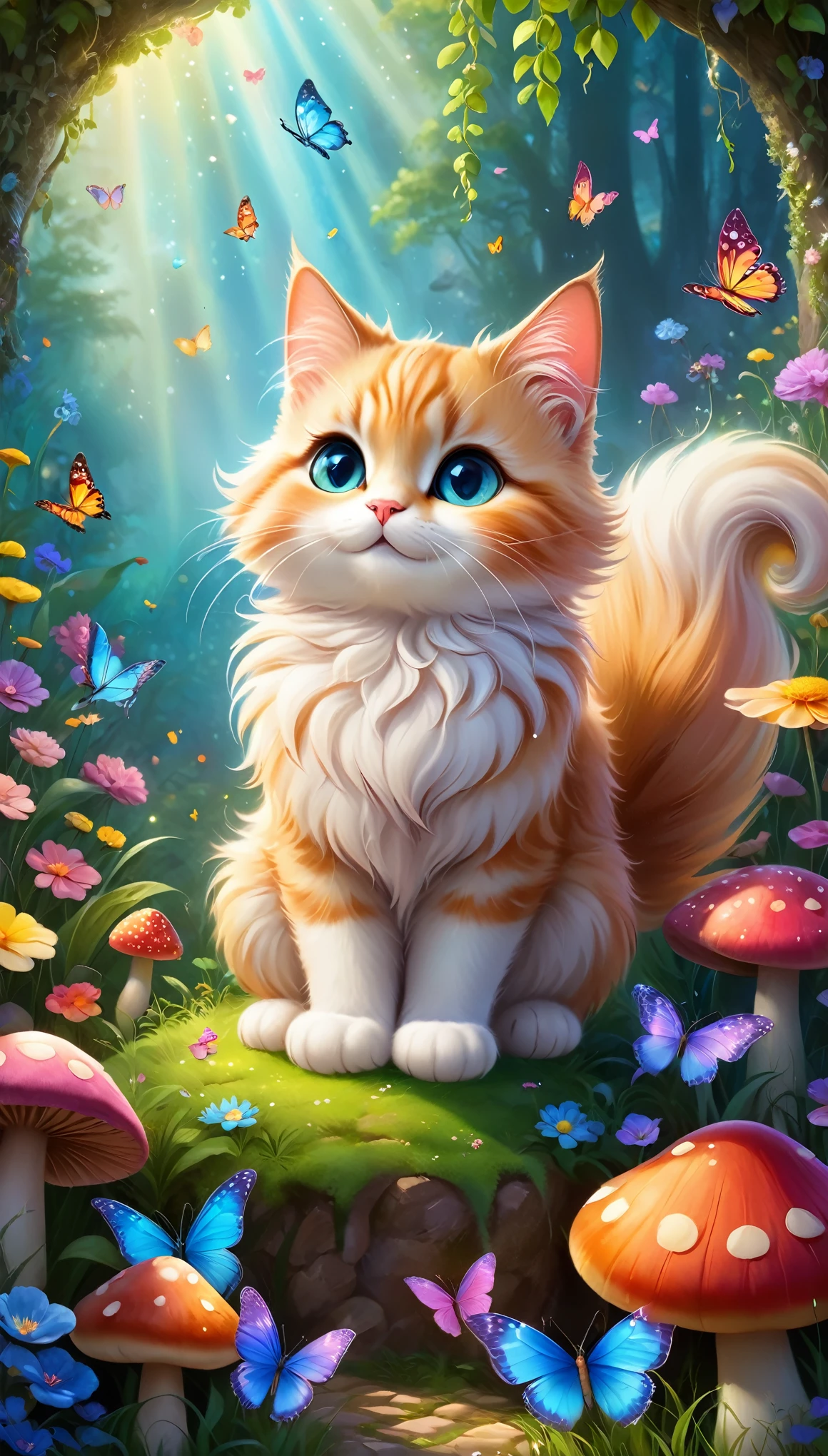 Masterpiece, Best Quality, Super Detailed, High Definition, HDR, Realistic, Depth, Fine Texture, Super Fine, Complete concentration.

A giant, adorable cat with fluffy fur and big, expressive eyes, sitting in a colorful, whimsical environment. The cat is surrounded by playful, vibrant elements such as oversized flowers, giant mushrooms, and playful butterflies. The background is filled with bright, cheerful colors like pastel blues, pinks, and yellows. The scene is set in a magical, fairy-tale-like meadow with a clear, sunny sky.

Lighting: Soft, warm lighting, gentle lens flare, glowing highlights on the fur.

Colors: Bright, vivid, and cheerful colors, pastel tones.

Details: Fluffy, detailed fur, big expressive eyes, cute paws, detailed environment with oversized elements.

Atmosphere: Whimsical, enchanting, joyful, playful, and magical.

Scene Composition: The giant cat as the central focus, surrounded by oversized flowers, mushrooms, and playful butterflies, with a bright, cheerful sky in the background.

Additional elements: Sparkles and glows around the cat, light beams shining through the leaves, small fairy-like creatures interacting with the cat.