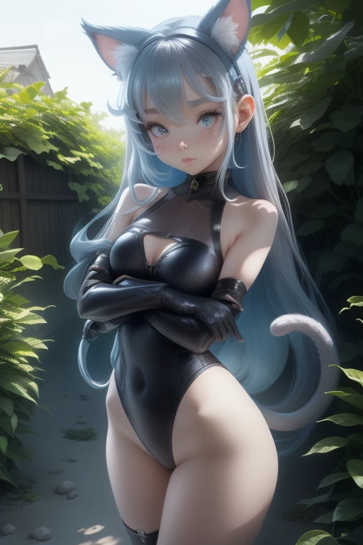 girl、、Bink、leotard、whole body。blue eyes、Gray Hair、functional、Seductive pose、front、noon、Outdoor、garden、Beach、No cat ears。