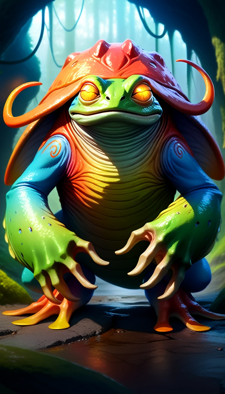 a highly detailed and colorful extraterrestrial frog shaman, amphibious creature, futuro-tribal design, bullywog, grung, beautiful yet alien appearance, frog-like facoal feature, non human appearance, vibrant colors, intricate tribal markings, glowing eyes, webbed fingers and toes, dynamic pose, cinematic lighting, volumetric fog, photorealistic, 8k, hyper detailed, masterpiece