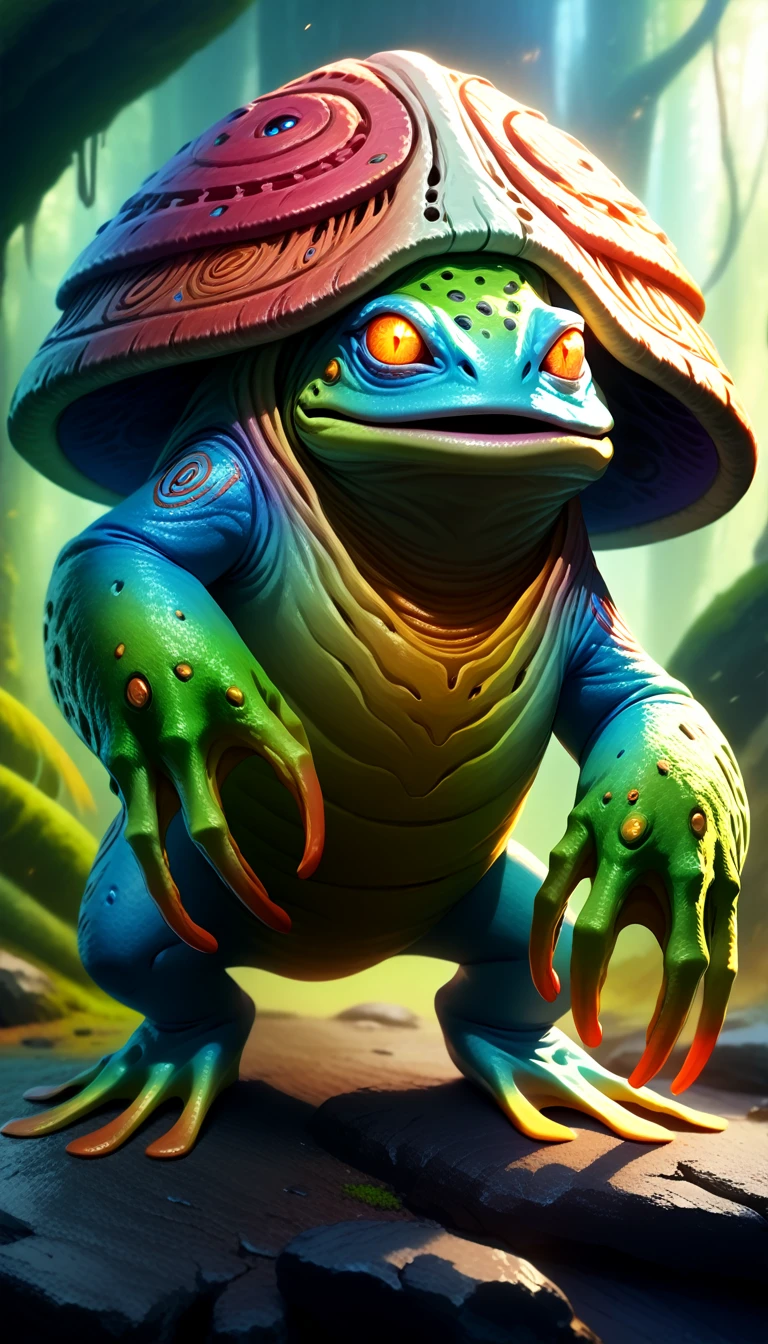 a highly detailed and colorful extraterrestrial frog shaman, amphibious creature, futuro-tribal design, bullywog, grung, beautiful yet alien appearance, frog-like facoal feature, non human appearance, vibrant colors, intricate tribal markings, glowing eyes, webbed fingers and toes, dynamic pose, cinematic lighting, volumetric fog, photorealistic, 8k, hyper detailed, masterpiece