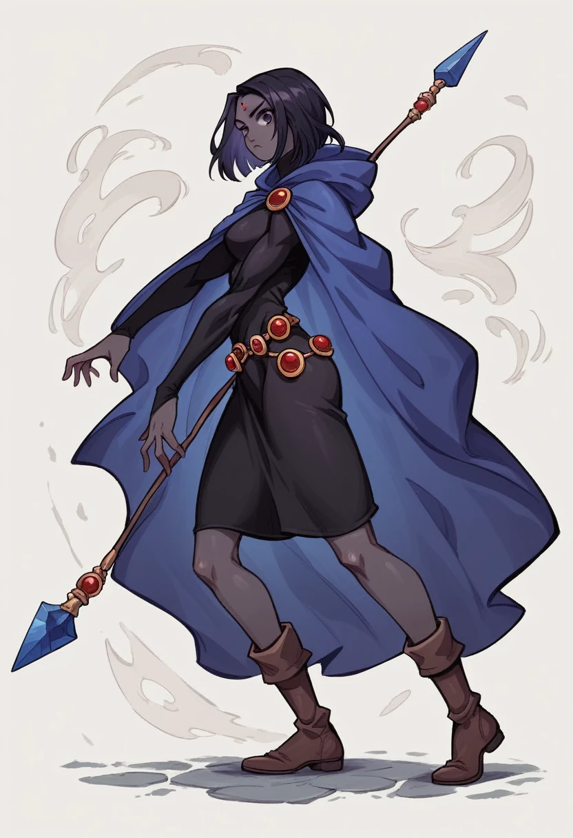 1 adult girl, Raven, black skin black leotard, black cloack, hooded cloak, knee-length Greek skirt, booties, long flowing hair, wavy black hair, forehead jeauel, purples eyes, medieval belt, firm skin, standing, toned, breastsout, battle pose, view from side(posando)), Lines of movement, portraite, b&au. Contour, whole body, holding a spear