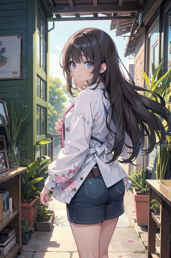 fullbody, (1girl:1.5), Big eyes, The pinnacle of anime illustration, moe style illustration, The best of the best, super masterpiece, Super fine, master piece, extremely detailed, high resolution, Spring onion style, Curious eyes, Glossy, plump lips, Shiny Hair, girl, Mid-chest, Brown Hair, Morning change of clothes, Semi-long straight hair, diamond eyes, The color of your eyes that seem to draw you in, Pink lips, Pink and light blue floral print, Illustrator Momoko Style, Showing your back and turning around, She&#39;s tucking her hair in with both hands、