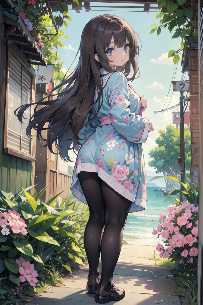 fullbody, (1girl:1.5), Big eyes, The pinnacle of anime illustration, moe style illustration, The best of the best, super masterpiece, Super fine, master piece, extremely detailed, high resolution, Spring onion style, Curious eyes, Glossy, plump lips, Shiny Hair, girl, Mid-chest, Brown Hair, Morning change of clothes, Semi-long straight hair, diamond eyes, The color of your eyes that seem to draw you in, Pink lips, Pink and light blue floral print, Illustrator Momoko Style, Showing your back and turning around, She&#39;s tucking her hair in with both hands、
