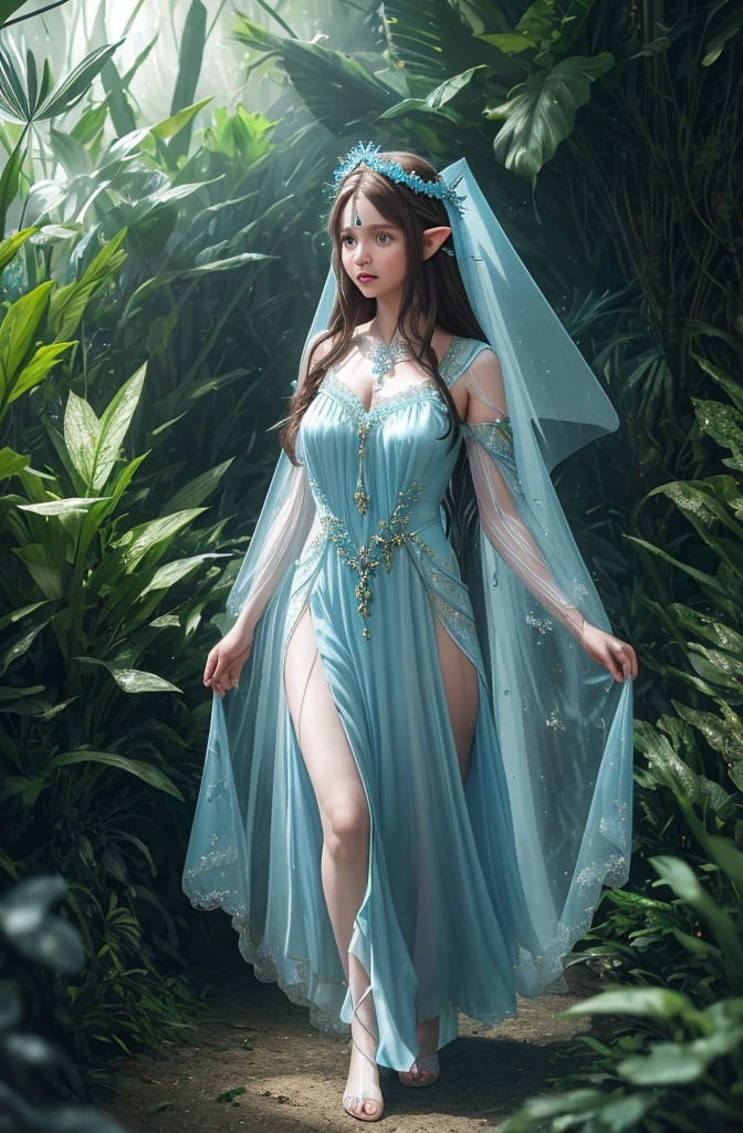 A fairy women wear long milk blue dress, long fairy ears, long brown hair, brach tiara, walk away at the fairy jungle that have neon glow plants, ray of light, morning vibes, high class fashion, a lot of detail, ornaments, cinematic lighting, wide shot 50mm, ultra detailed, ultra realistic, ultra hd, 8k