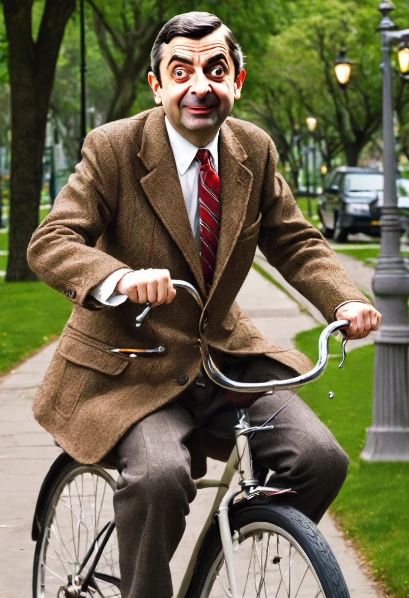 Create a hyper-realistic image of Mr. Bean swerving on his bicycle to avoid crashing into a bench in the park. He is wearing his brown tweed jacket, white shirt, and red tie, with a panicked expression. The background includes green grass, trees, and a park pathway.