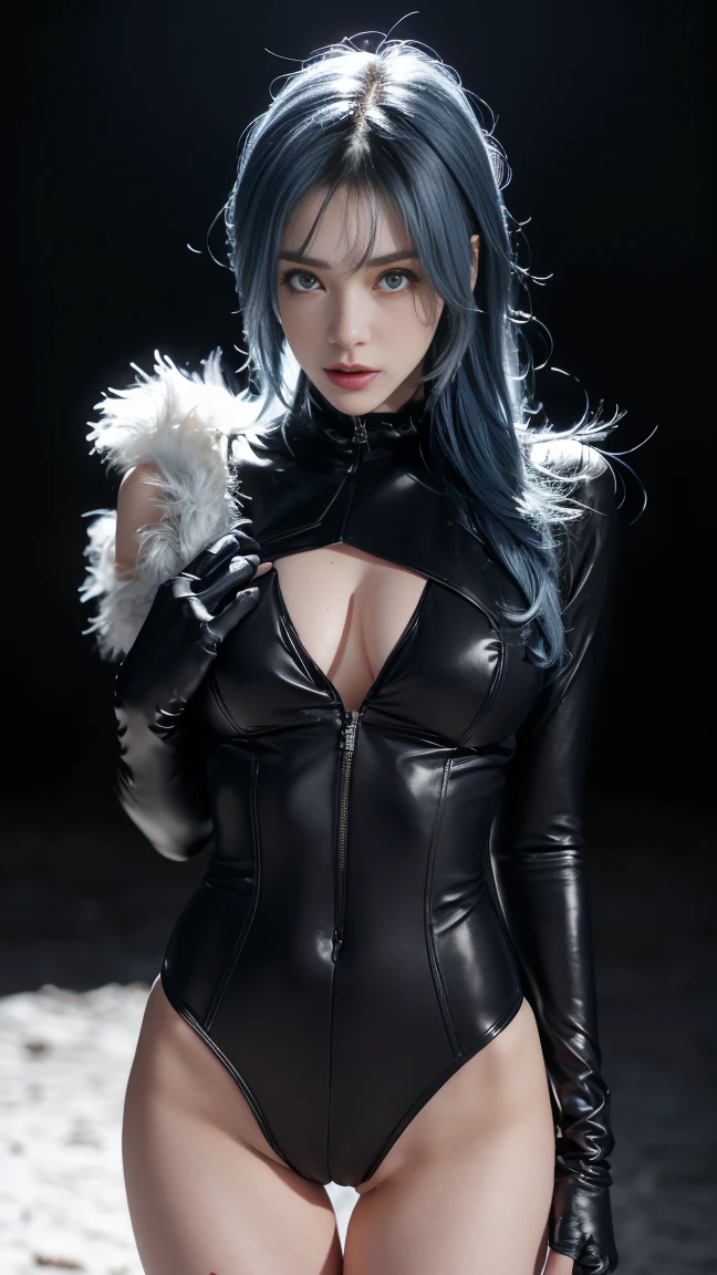 8K, Top Quality, Intricate Details, Ultra Detail, Ultra High Resolution, Masterpiece, close up shot, (full body: 1.1), Slender, Smile, (Makeup: 0.4), ((sexy pose,)), (Fluffy blue Eyes: 1.21), (()), 1girl, solo, 1 girl, ((blue hair, bangs, very long hair, )), close up shot, , ((tall)), (((fit body))), (((slim face))), sharp face, ((wind blow, strong wind, wind blow hair, wind blow )) , (detailed face), sharp face, small lips, perfect hands, (()) ((skin tight open suit,)), , (()),, detailed face, detailed breast,, huge breast , ((detailed nipples)), detail ass, Narrow Waist, Skinny, tall , 175 cm tall, Muscular, Navel, Exposed Abdomen, Pointed Chest,, Beautiful girl with accentuated slender abs: 1.4, Six Pack Abs: 1.4, Bust Botox, Big, Perfect Body, detail leg, (( dark background)), black background,