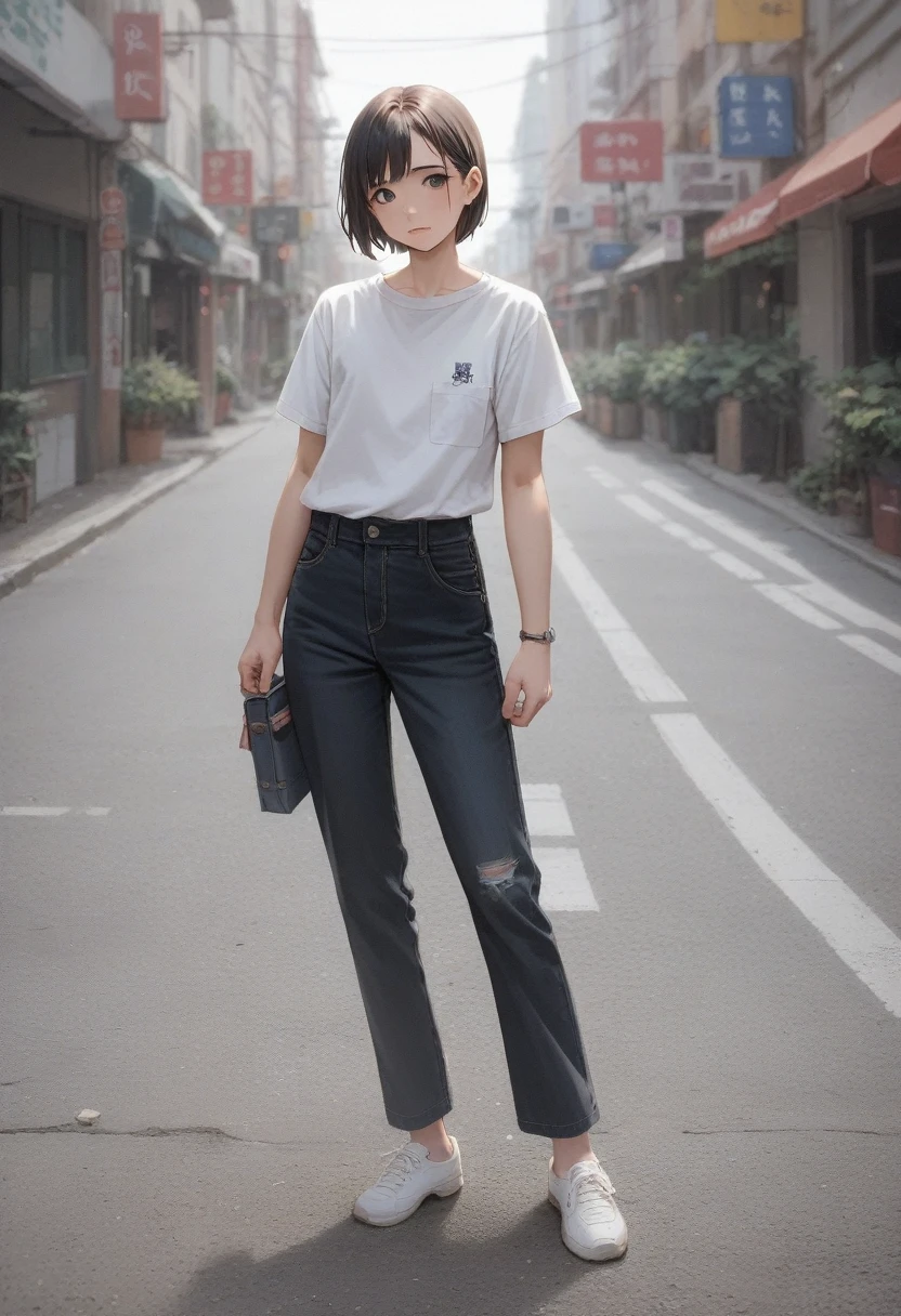 anime - style drawing of a woman in a white shirt and black pants, full body portrait of a short!, !!full body portrait!!, female protagonist 👀 :8, anime style character, casual pose, fully - clothed!!!, urban girl fanart, androgynous person, in an anime style, cel shaded!!!, in anime style, single character full body