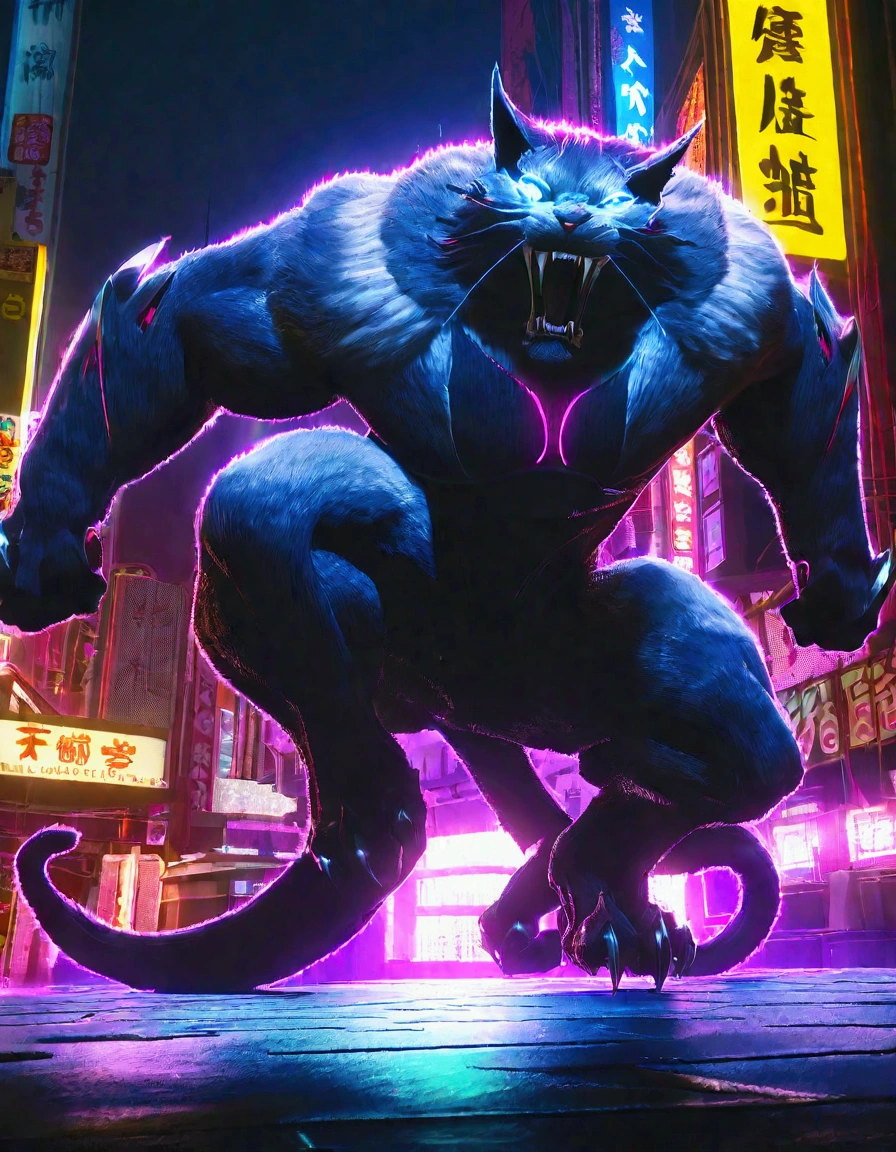 a gigantic cat rampaging in tokyo, battering tanks like toys, night scene, cinematic lighting, dramatic composition, highly detailed, hyper realistic, 8k, photorealistic, cinematic atmosphere, dark moody colors, neon lights, reflections in puddles, steam and smoke, sense of chaos and destruction, dramatic camera angle, ultra detailed fur and textures, piercing eyes, sharp fangs, massive claws, powerful muscles, 1 cat, dynamic pose