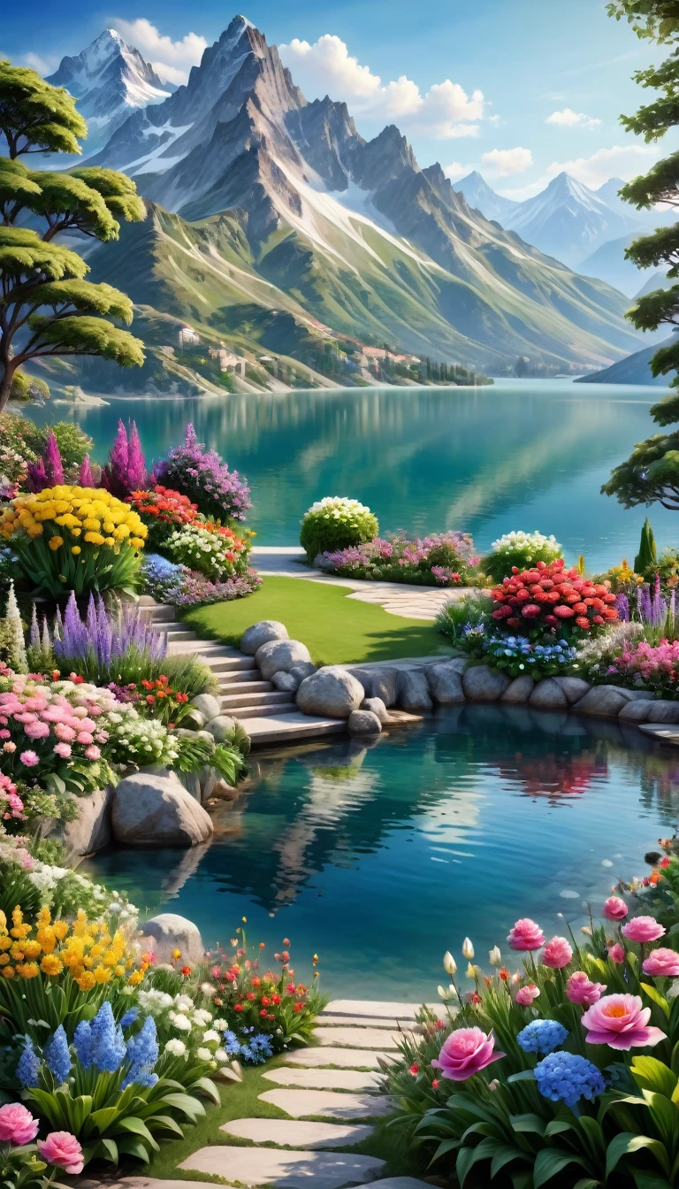 Beautiful Garden, realism, lake, Mountains, Flowers,romantic,Amazing beauty,32k