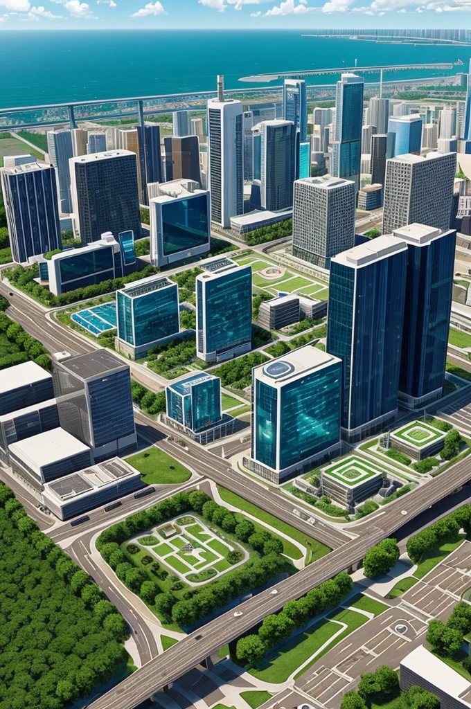 Create a visual representation of your city in 2030, showing elements like electric cars, green buildings, smart homes, virtual classrooms, telemedicine kiosks, and virtual reality entertainment venues.