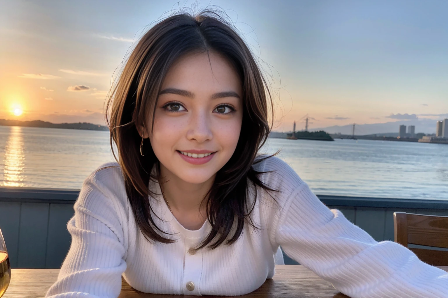 (Realistic:1.2),(masterpiece,Highest quality),8k,((men and women)),Age 35,37 years old、最高のsmile、Happy couple, Full course dinner at the table、wine 、wineグラス、白wine、スパークリングwine、赤wine、Upper Body、Tight waist,Perfect Anatomy, Brown Hair, short hair,Random Hairstyles,Amazing view of the sunset sky and clouds、Long sleeve shirt、dress,((Highly detailed face and eyes:1.2))(Cute Face:1.4),Beautiful actress face,Perfect golden ratio face,woman'suit、Nice,(smile:1.2)、