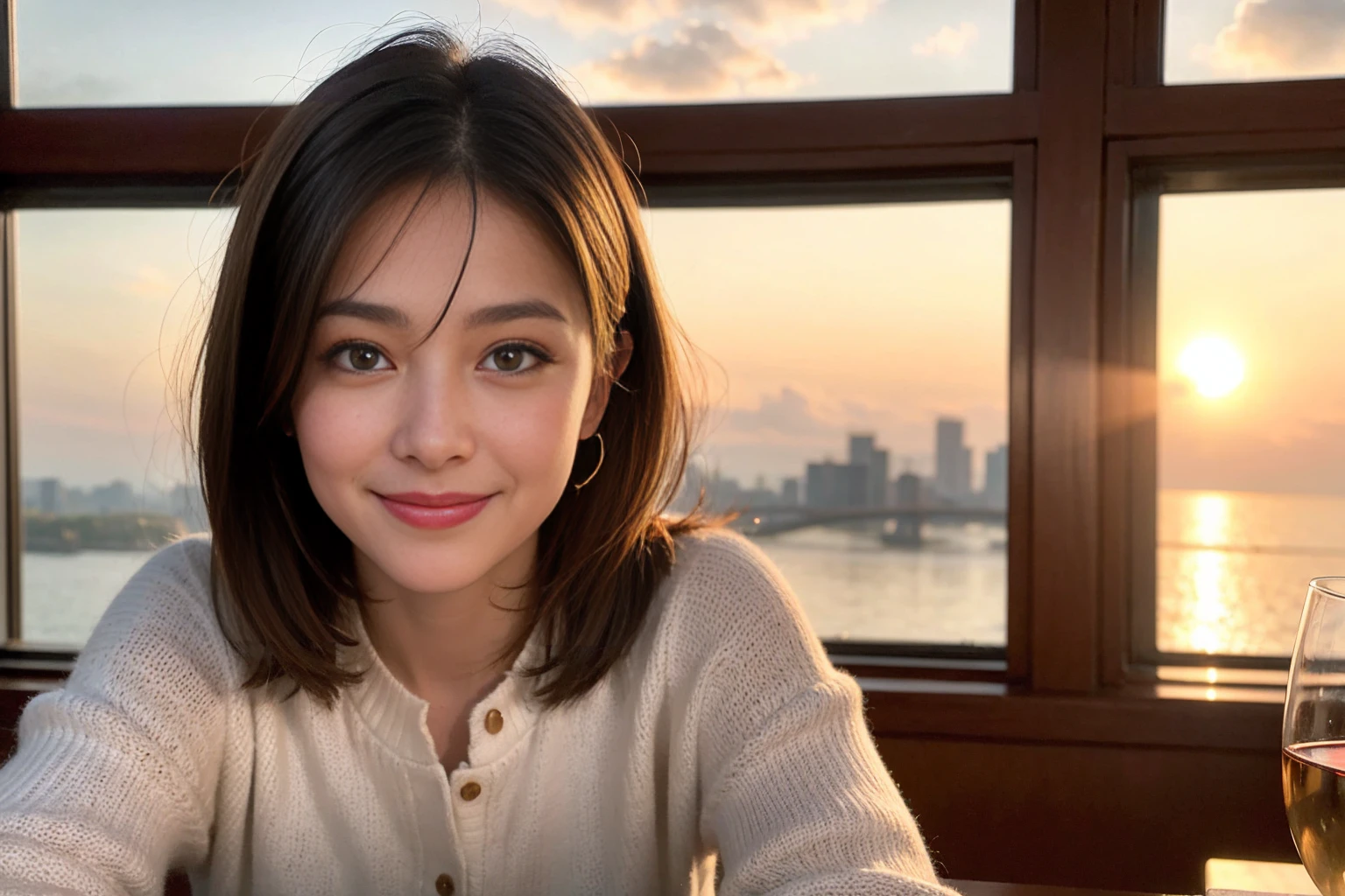 (Realistic:1.2),(masterpiece,Highest quality),8k,((men and women)),Age 35,37 years old、最高のsmile、Happy couple, Full course dinner at the table、wine 、wineグラス、白wine、スパークリングwine、赤wine、Upper Body、Tight waist,Perfect Anatomy, Brown Hair, short hair,Random Hairstyles,Amazing view of the sunset sky and clouds、Long sleeve shirt、dress,((Highly detailed face and eyes:1.2))(Cute Face:1.4),Beautiful actress face,Perfect golden ratio face,woman'suit、Nice,(smile:1.2)、
