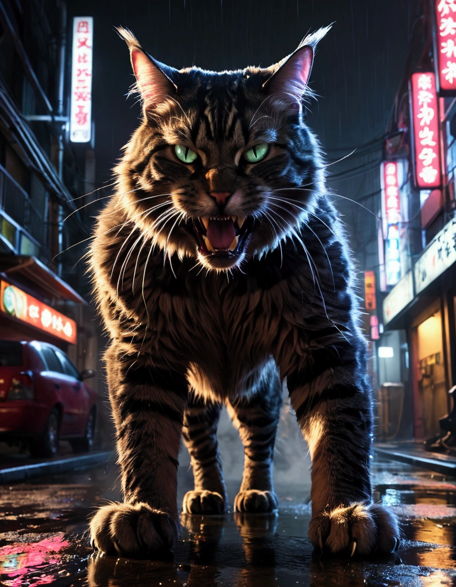 a gigantic cat rampaging in tokyo, battering tanks like toys, night scene, cinematic lighting, dramatic composition, highly detailed, hyper realistic, 8k, photorealistic, cinematic atmosphere, dark moody colors, neon lights, reflections in puddles, steam and smoke, sense of chaos and destruction, dramatic camera angle, ultra detailed fur and textures, piercing eyes, sharp fangs, massive claws, powerful muscles, 1 cat, dynamic pose