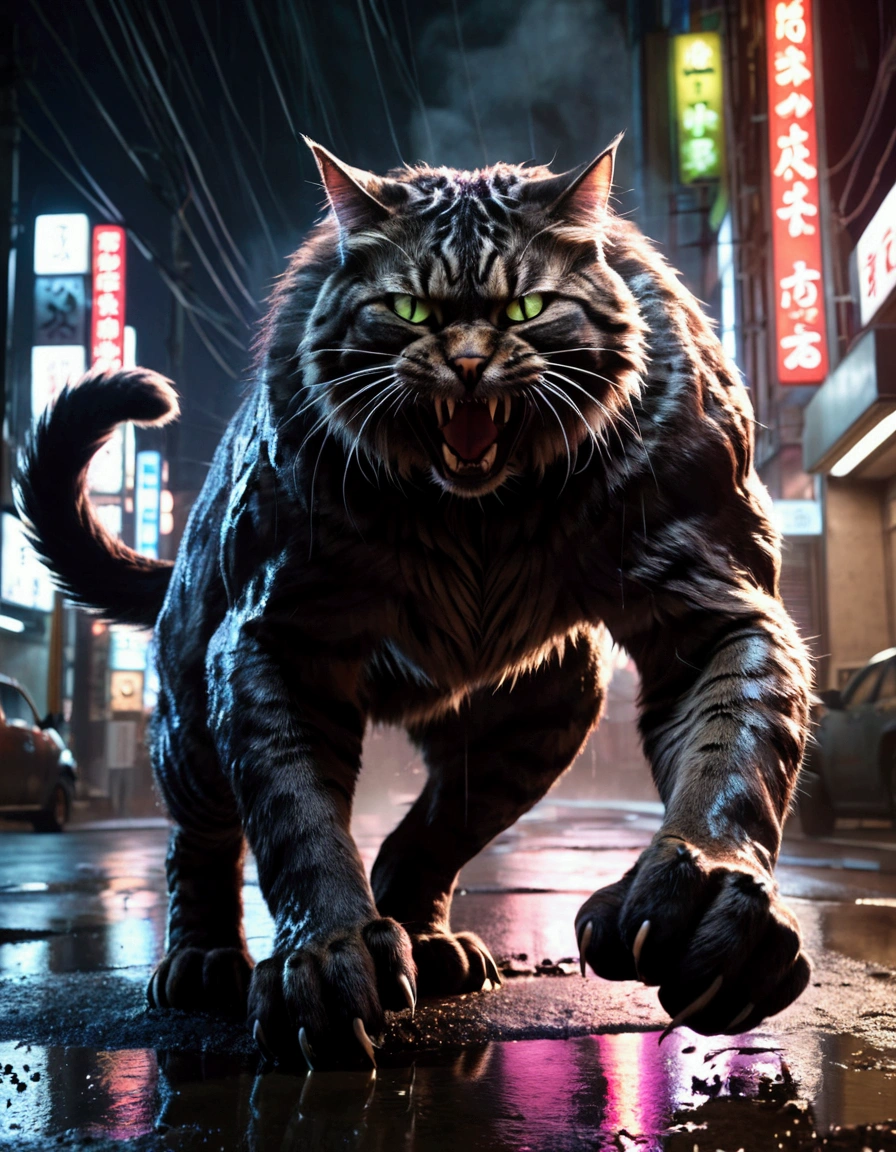a gigantic cat rampaging in tokyo, battering tanks like toys, night scene, cinematic lighting, dramatic composition, highly detailed, hyper realistic, 8k, photorealistic, cinematic atmosphere, dark moody colors, neon lights, reflections in puddles, steam and smoke, sense of chaos and destruction, dramatic camera angle, ultra detailed fur and textures, piercing eyes, sharp fangs, massive claws, powerful muscles, 1 cat, dynamic pose