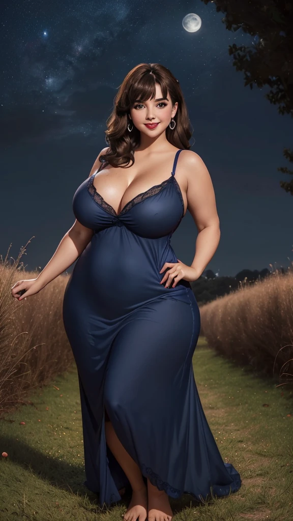 DisneyAurora, 27 years old, full body view Beautiful woman (((shoulder length brown hair, two side up with bangs))) defined body, voluptuous, sexy, cherry red lipstick, arms by her sides, hands free, happily smiling, standing facing camera((( navy blue nightgown ))), in moonlit grassy field, (huge_breasts:1.3) (curvy:1.4)