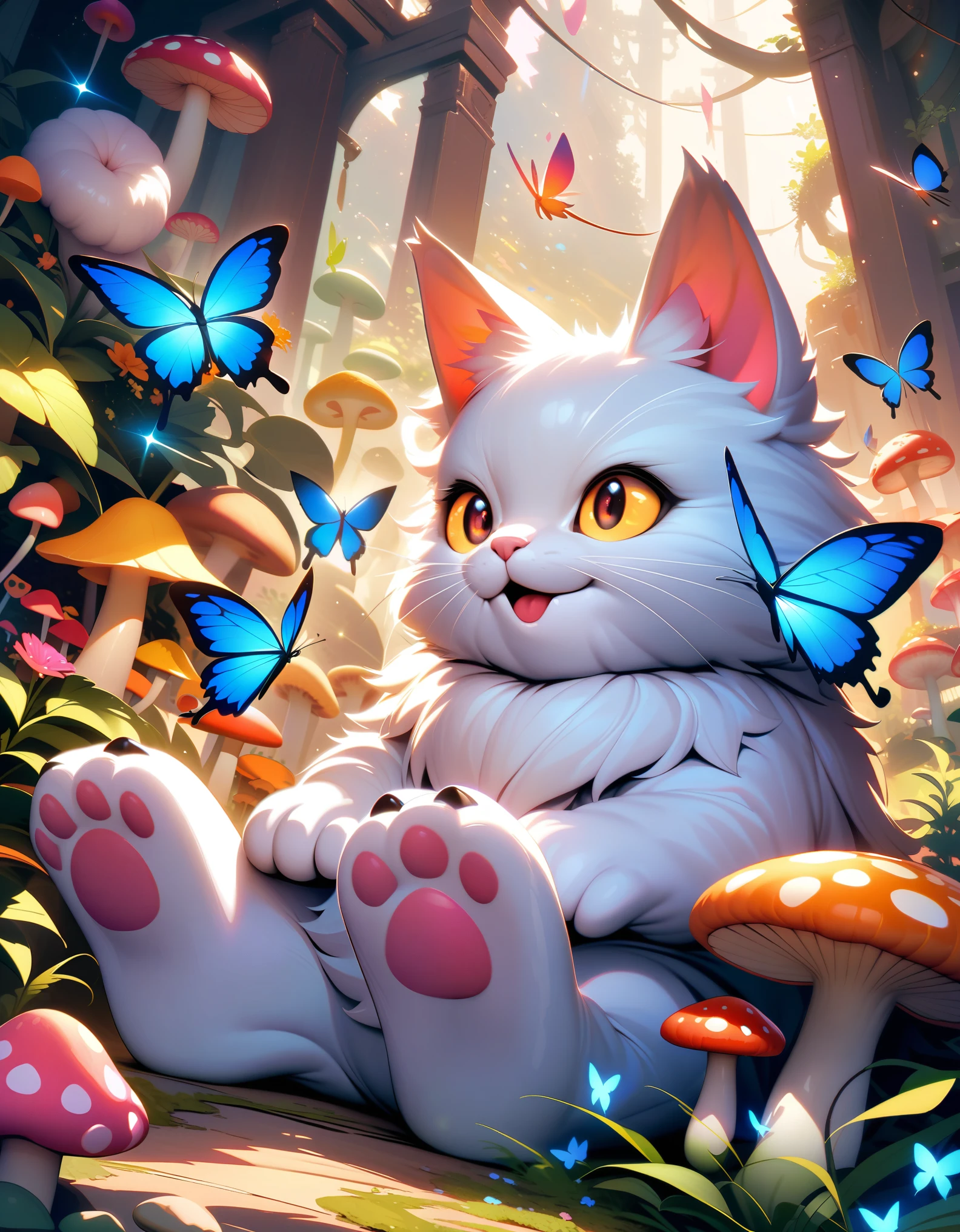 Masterpiece, Best Quality, Super Detailed, High Definition, HDR, Realistic, Depth, Fine Texture, Super Fine, Complete concentration.
A giant, adorable cat with fluffy fur and big, expressive eyes, sitting in a colorful, whimsical environment. The cat is surrounded by playful, vibrant elements such as oversized flowers, giant mushrooms, and playful butterflies. The background is filled with bright, cheerful colors like pastel blues, pinks, and yellows. The scene is set in a magical, fairy-tale-like meadow with a clear, sunny sky.
Lighting: Soft, warm lighting, gentle lens flare, glowing highlights on the fur.
Colors: Bright, vivid, and cheerful colors, pastel tones.
Details: Fluffy, detailed fur, big expressive eyes, cute paws, detailed environment with oversized elements.
Atmosphere: Whimsical, enchanting, joyful, playful, and magical.
Scene Composition: The giant cat as the central focus, surrounded by oversized flowers, mushrooms, and playful butterflies, with a bright, cheerful sky in the background.
Additional elements: Sparkles and glows around the cat, light beams shining through the leaves, small fairy-like creatures interacting with the cat.