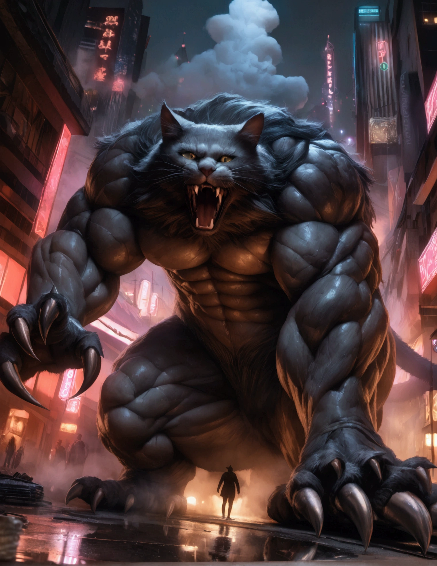 a gigantic cat rampaging in tokyo, battering tanks like toys, night scene, cinematic lighting, dramatic composition, highly detailed, hyper realistic, 8k, photorealistic, cinematic atmosphere, dark moody colors, neon lights, reflections in puddles, steam and smoke, sense of chaos and destruction, dramatic camera angle, ultra detailed fur and textures, piercing eyes, sharp fangs, massive claws, powerful muscles, 1 cat, dynamic pose