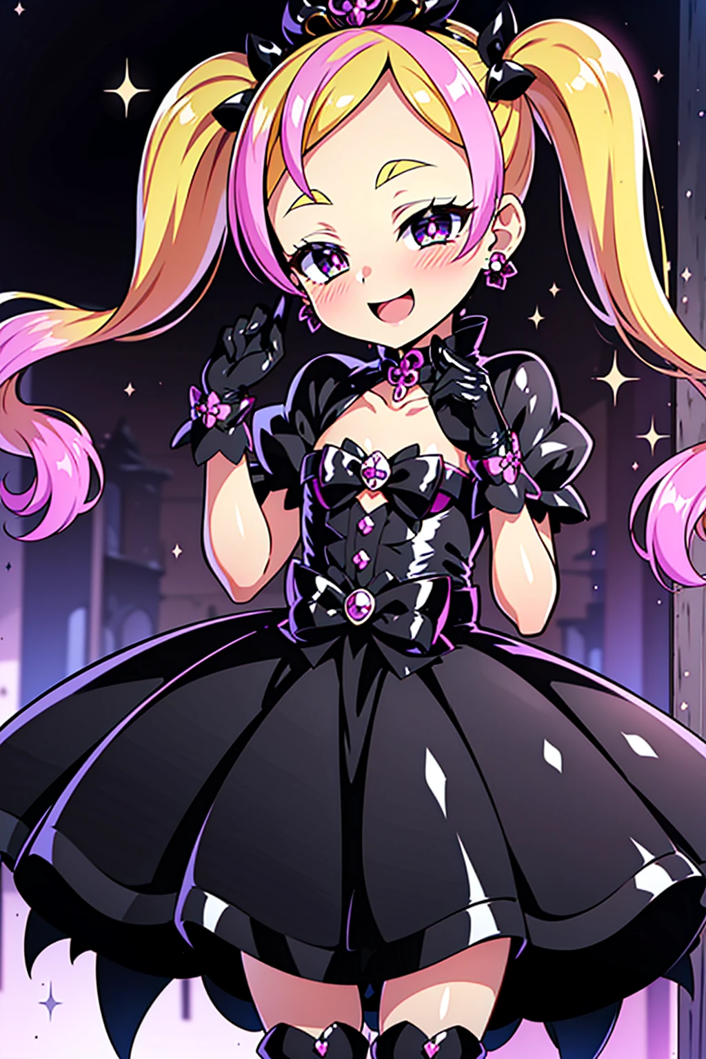 cure flora, 1 girl, blonde hair, black hair ornament, (gothic ****ta:1.3), black long skirt, black tiara, wrist cuffs, black gloves, (black gothic dress:1.3), low bat wings, black fur, pink ribbon, blush cheeks, black enamel boots, corruption, half-closed eyes, Jewelry, no pupils, (evil smile), (shiny fabric:1.5), open mouth, dark magical girl