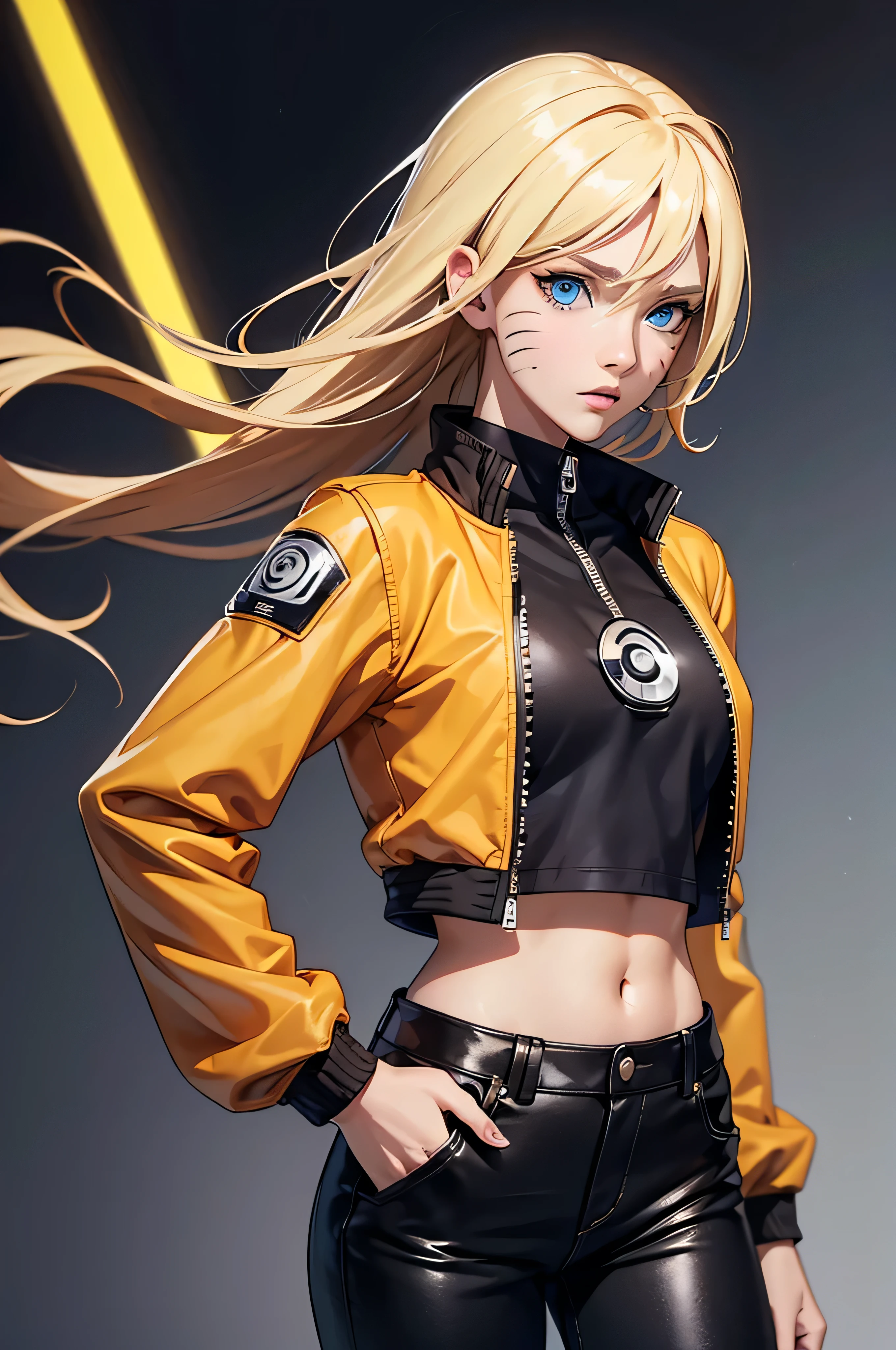 (masterpiece, best quality:1.2), expressive eyes, perfect face, highres, 1girl, solo, (female:1.5), NarukoUzumaki, blue eyes, blonde hair, long hair, facial mark, whisker markings, short hair, long sleeves, jacket, opened jacket, (naruto outfit), midriff, orange-black jacket, meshes, pants, black pants, standing, upper body, looking at the viewer