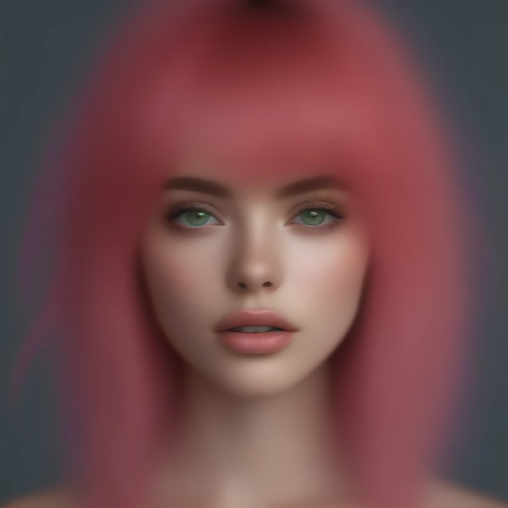 bellissima 1girl, solo, long hair, looking at viewer, bangs, simple background, green eyes, pink hair, parted lips, teeth, lips, eyelashes, messy hair, portrait, close-up, freckles, realistic