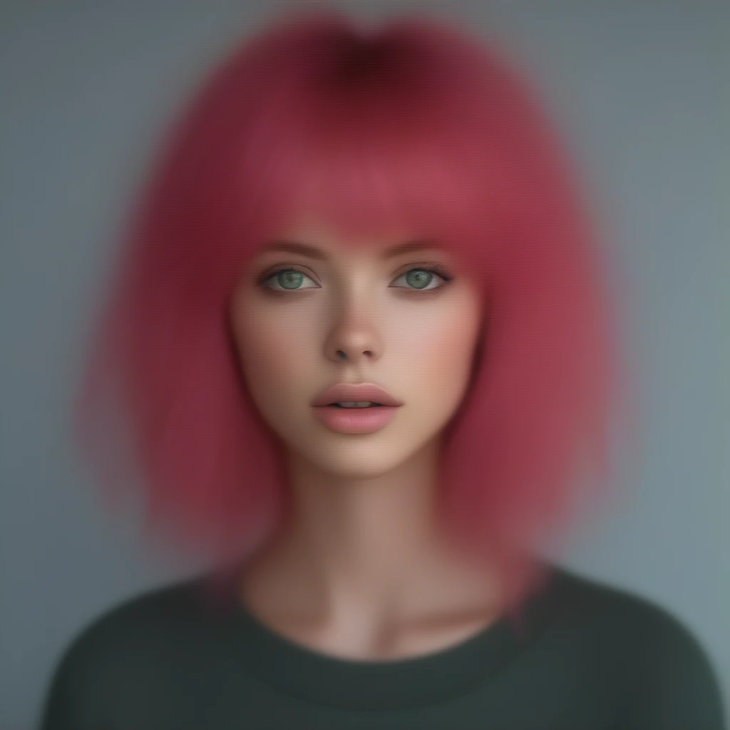 bellissima 1girl, solo, long hair, looking at viewer, bangs, simple background, green eyes, pink hair, parted lips, teeth, lips, eyelashes, messy hair, portrait, close-up, freckles, realistic