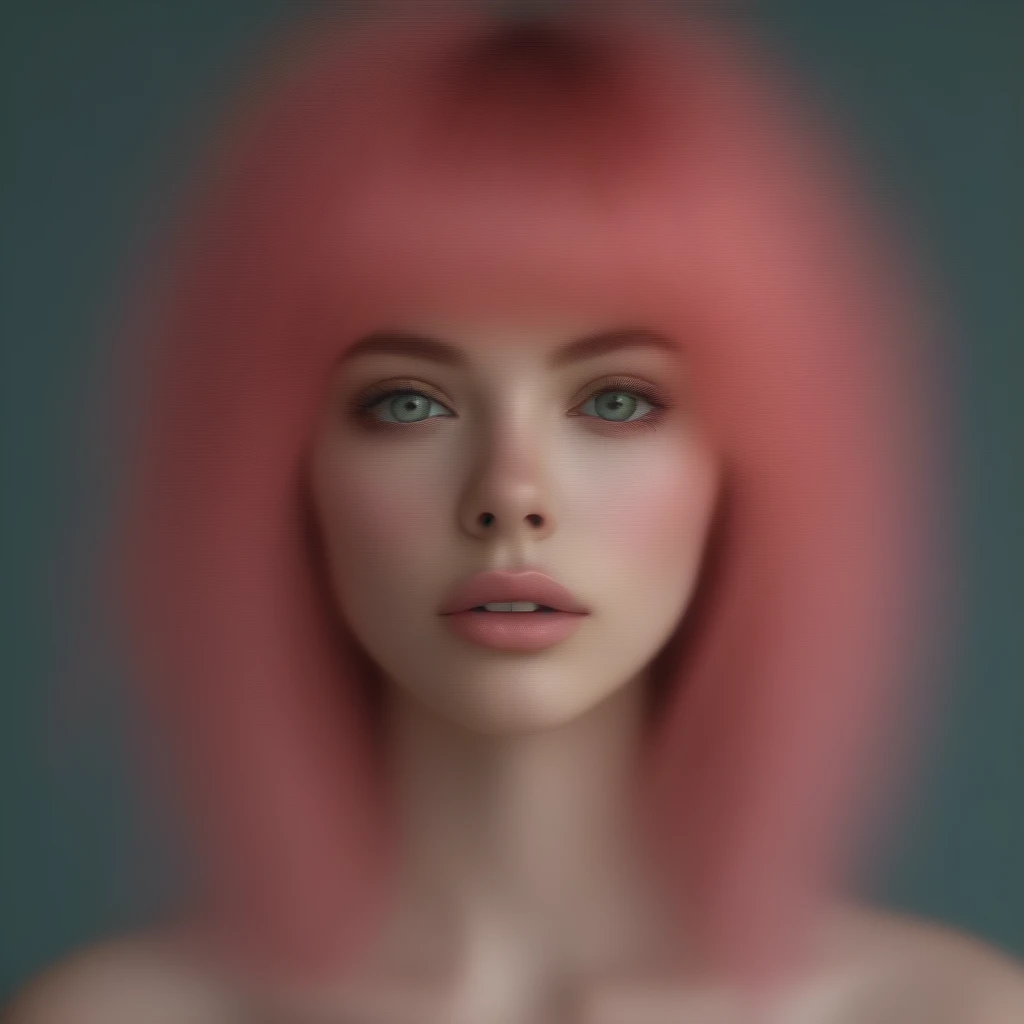 bellissima 1girl, solo, long hair, looking at viewer, bangs, simple background, green eyes, pink hair, parted lips, teeth, lips, eyelashes, messy hair, portrait, close-up, freckles, realistic