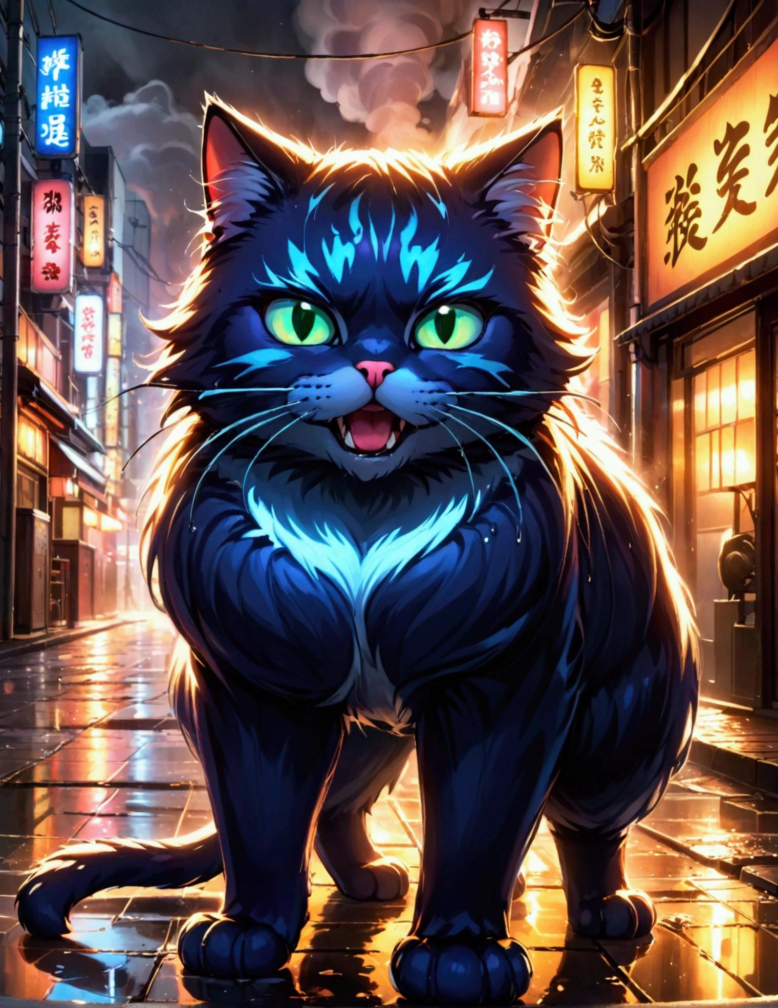 a gigantic cat rampaging in tokyo, battering tanks like toys, night scene, cinematic lighting, dramatic composition, highly detailed, hyper realistic, 8k, photorealistic, cinematic atmosphere, dark moody colors, neon lights, reflections in puddles, steam and smoke, sense of chaos and destruction, dramatic camera angle, ultra detailed fur and textures, piercing eyes, sharp fangs, massive claws, powerful muscles, 1 cat, dynamic pose